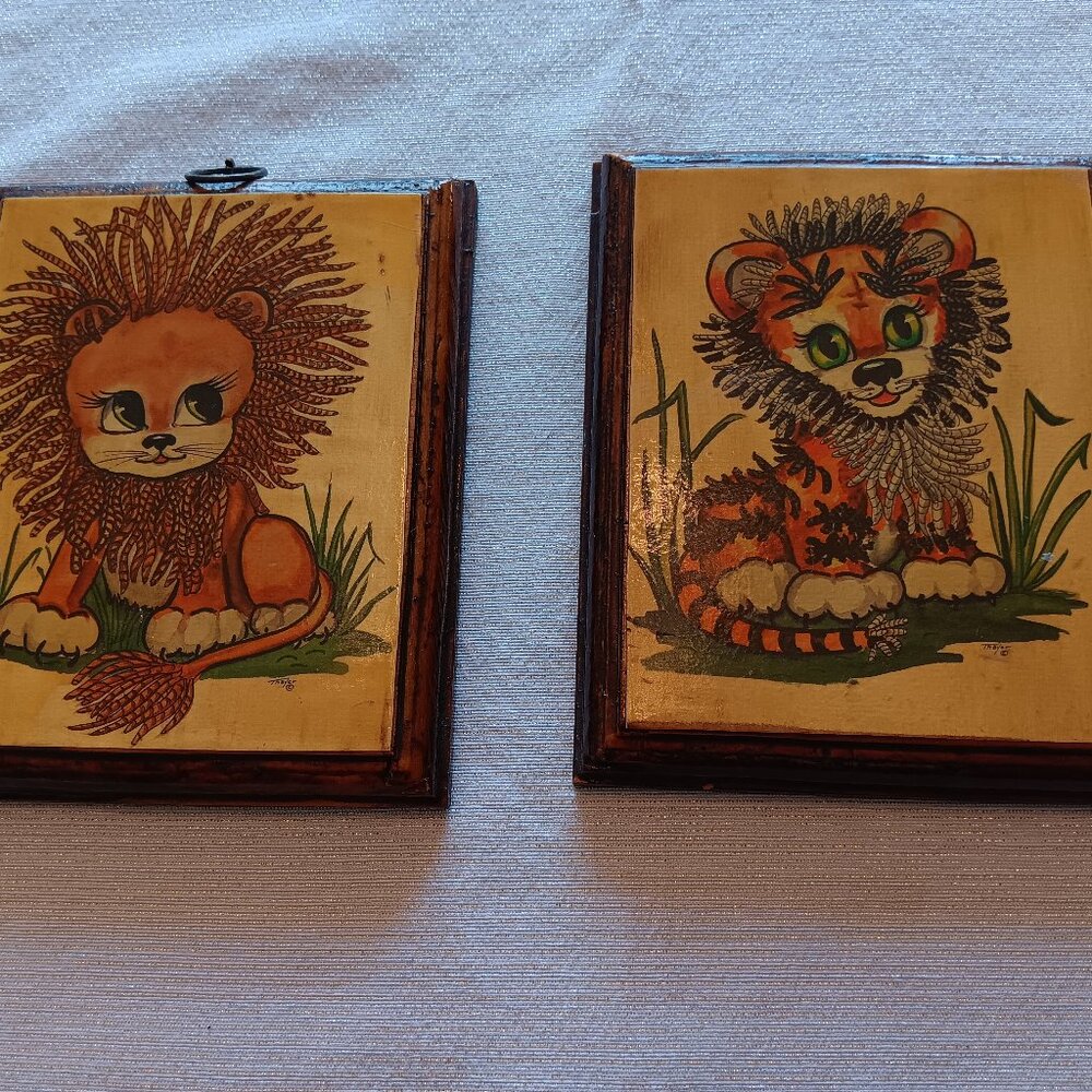 Vintage signed Thayer tiger lion baby cubs big eye wood wall art plaques MCM